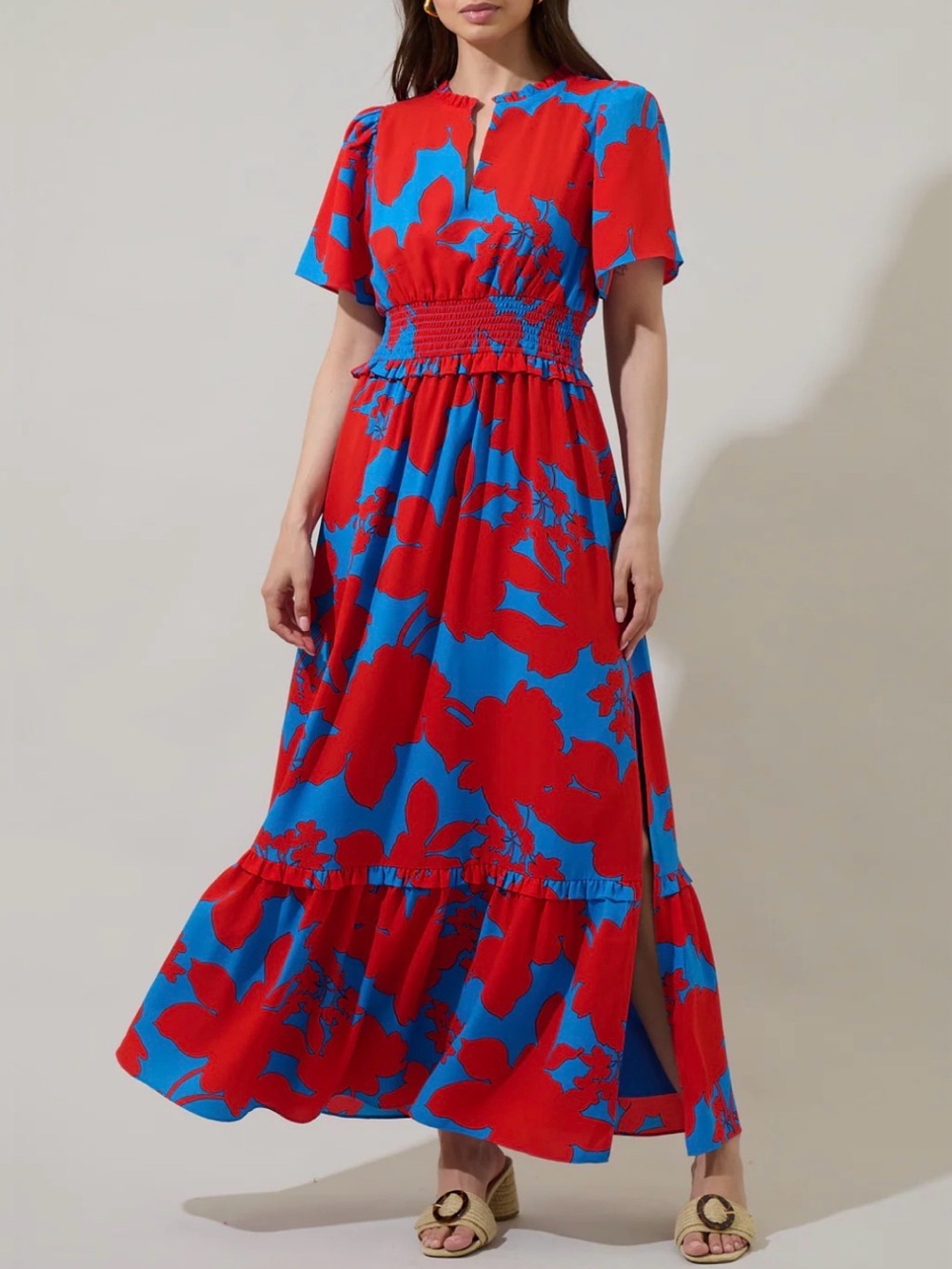 NWT Sugarlips Vianca Floral Valencia Split Neck Red and Blue Maxi Dress Sz M